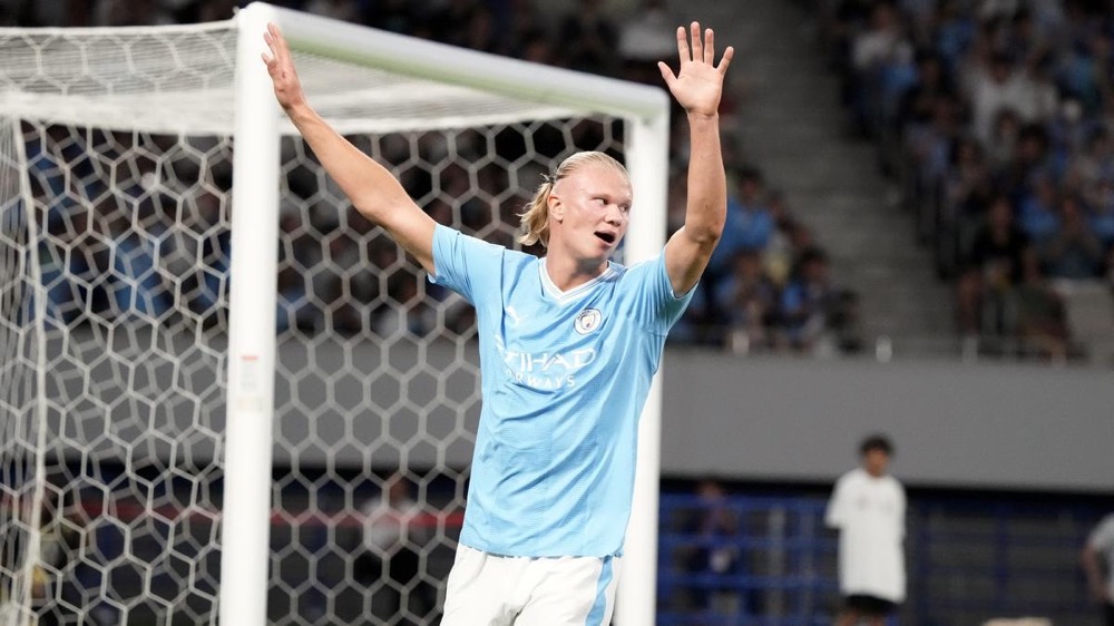 During a preseason friendly match between Manchester City and Yokohama F.Marinos in Tokyo, Japan, on July 23, 2023, Erling Haaland of Manchester City celebrated the third goal.