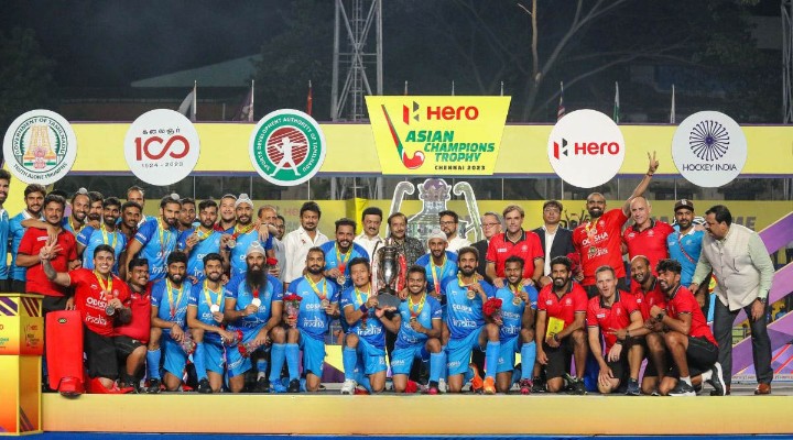 Indian men's hockey team triumphs in a thrilling 4-3 victory over Malaysia to win the Asian Champions Trophy 2023.